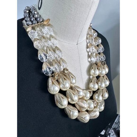 Lydell NYC STunning Multi Strand Pearls Crystals Beads Bib Necklace 24" NWOT - Picture 2 of 6